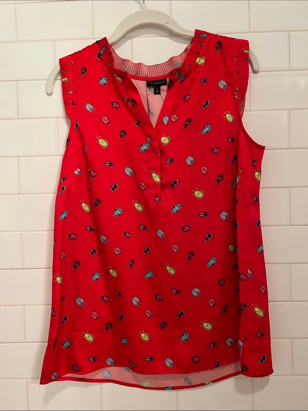 NWT Talbots Sleeveless Red Blouse with Colorful Ladybug & Beetle Bug Print S